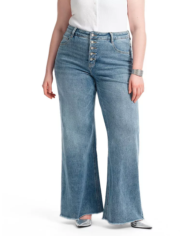 Bayeas Plus Mid Rise Wide Leg with Frayed Hem Denim Jeans in Light Blue