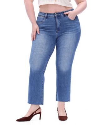  Plus Mid Rise Straight Leg with Raw Hem Denim Jeans in Medium Blue