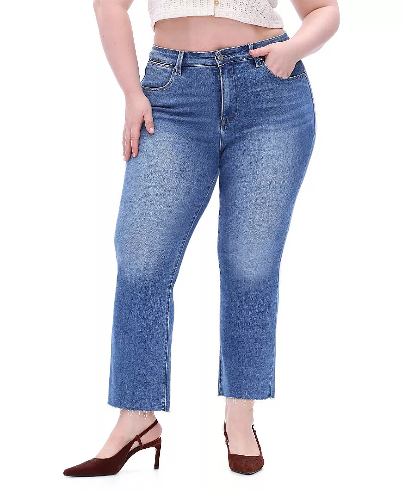 Bayeas Plus Mid Rise Straight Leg with Raw Hem Denim Jeans in Medium Blue