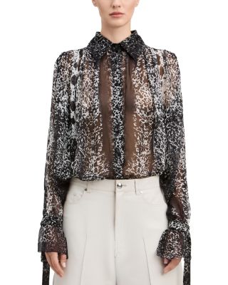 Walker Abstract Animal Print Georgette Ruched Button Front Blouse