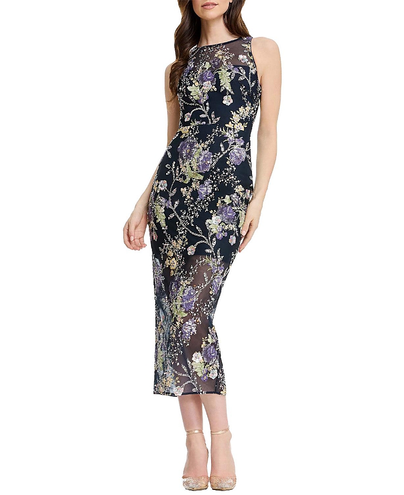 Dress the Population Helena Bateau Neck Floral Embroidered Sheer Overlay Midi Dress