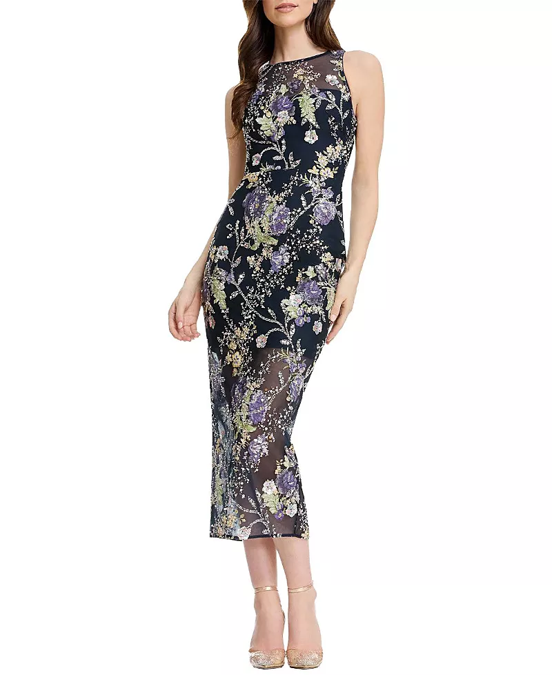Dress the Population Helena Bateau Neck Floral Embroidered Sheer Overlay Midi Dress