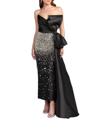  Strapless Crystal Embellished Satin Dress With Bow