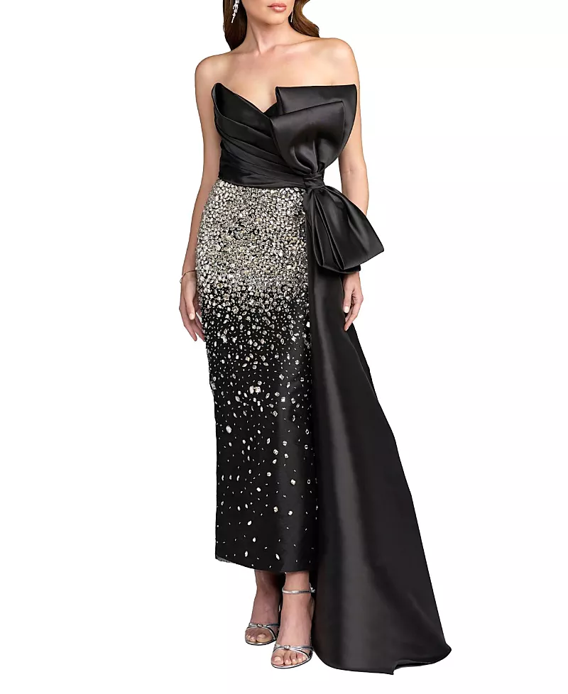 Mac Duggal Strapless Crystal Embellished Satin Dress With Bow