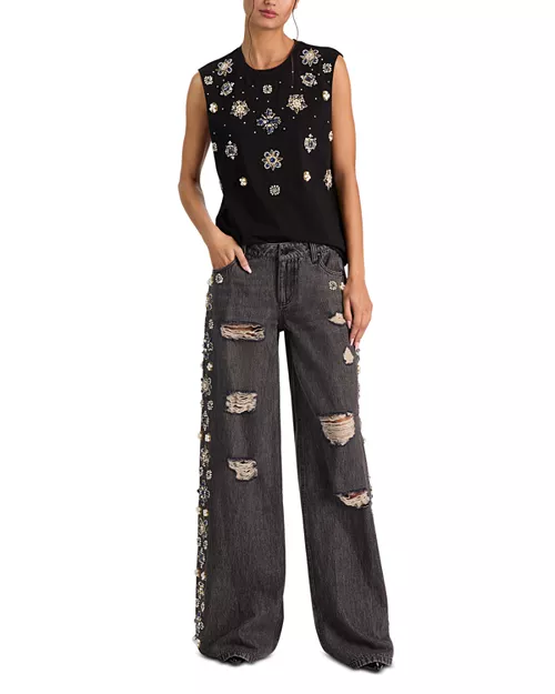 Amazing Cotton Low-Rise Wide-Leg Jeans in Georgia Vintage Black Multi