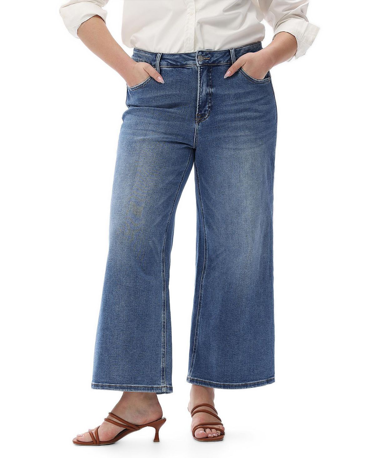 Bayeas Plus Mid Rise Wide Leg Jeans Highly Stretchy Classic Denim for Women