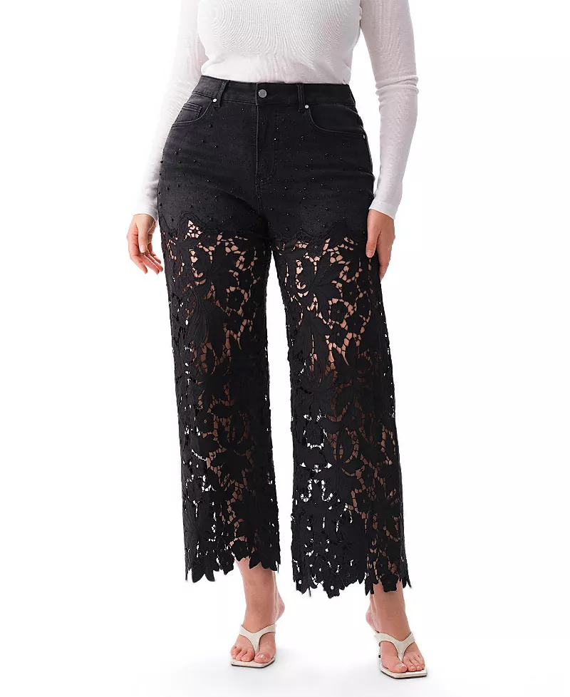 Bayeas Plus Embroidery Wide Leg Lace Denim Jeans with Pearl in Inkgauze