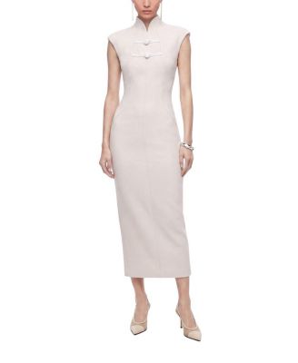  Padded Shoulder Button Detail Maxi Dress