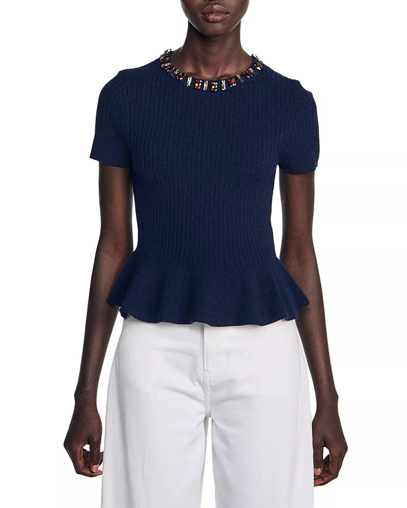 Sandro Jesse Embellished Wool Blend Peplum Sweater