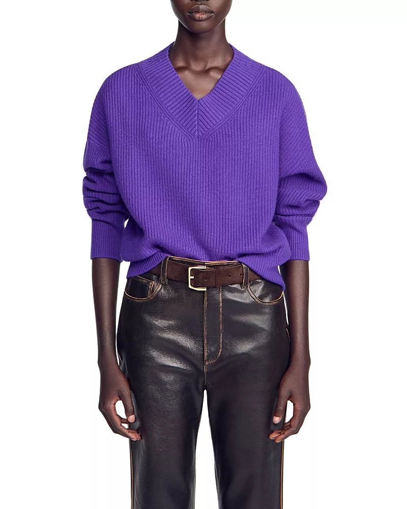 Sandro Wool & Cashmere Ribbed V Neck Sweater