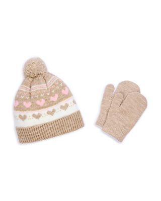 Girls' Heart Fairisle Hat with Rib Knit Cuff & Mittens Set - Little Kid
