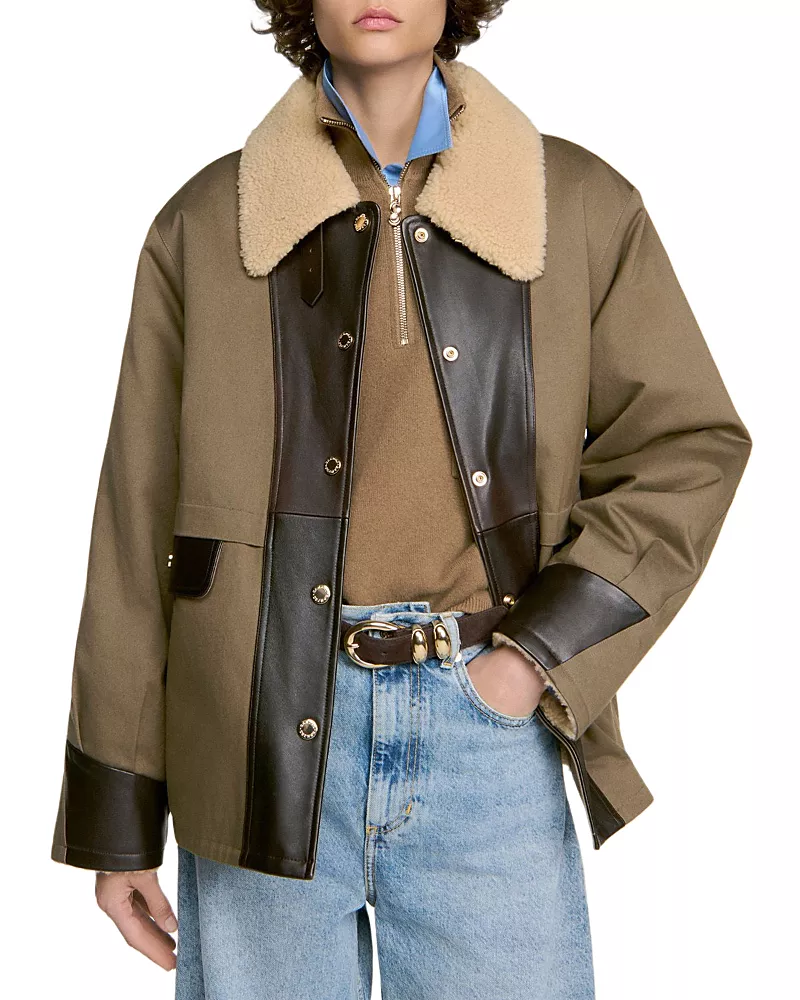 Sandro Two Tone Leather Coat