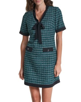 Tweed Tie Neck Contrast Trim Shift Dress