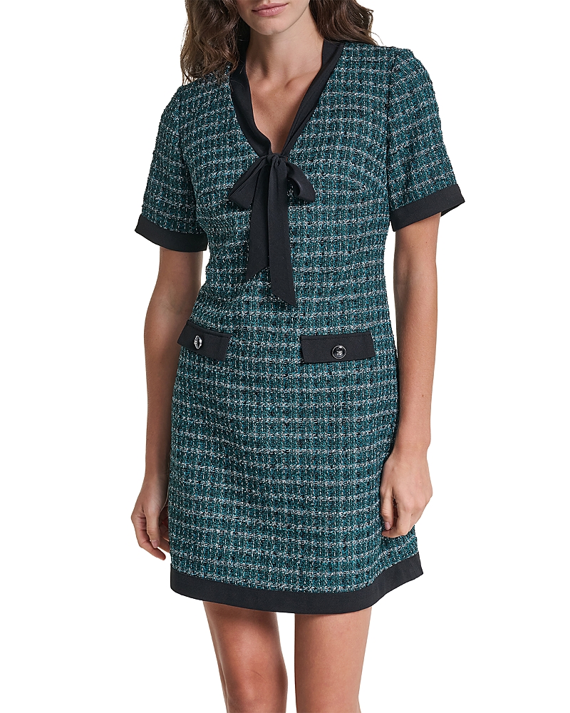Karl Lagerfeld Paris Tweed Tie Neck Contrast Trim Shift Dress