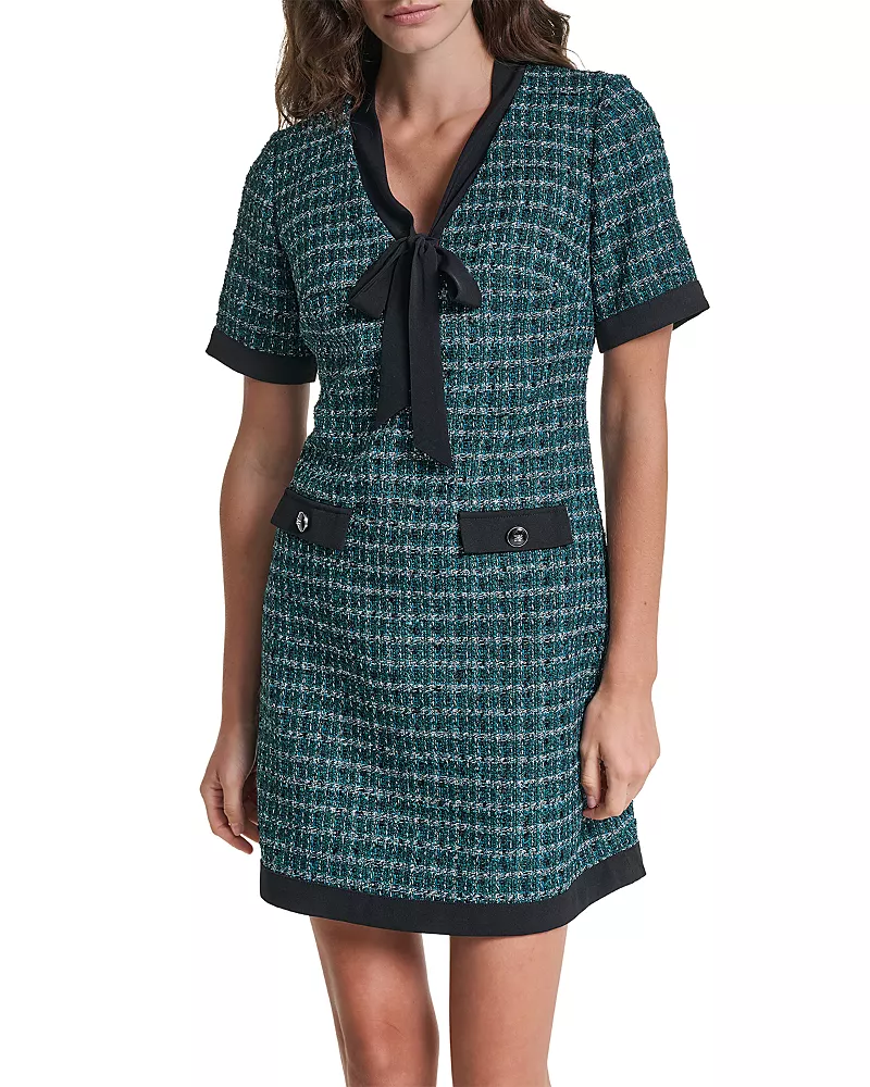 Karl Lagerfeld Paris Tweed Tie Neck Contrast Trim Shift Dress
