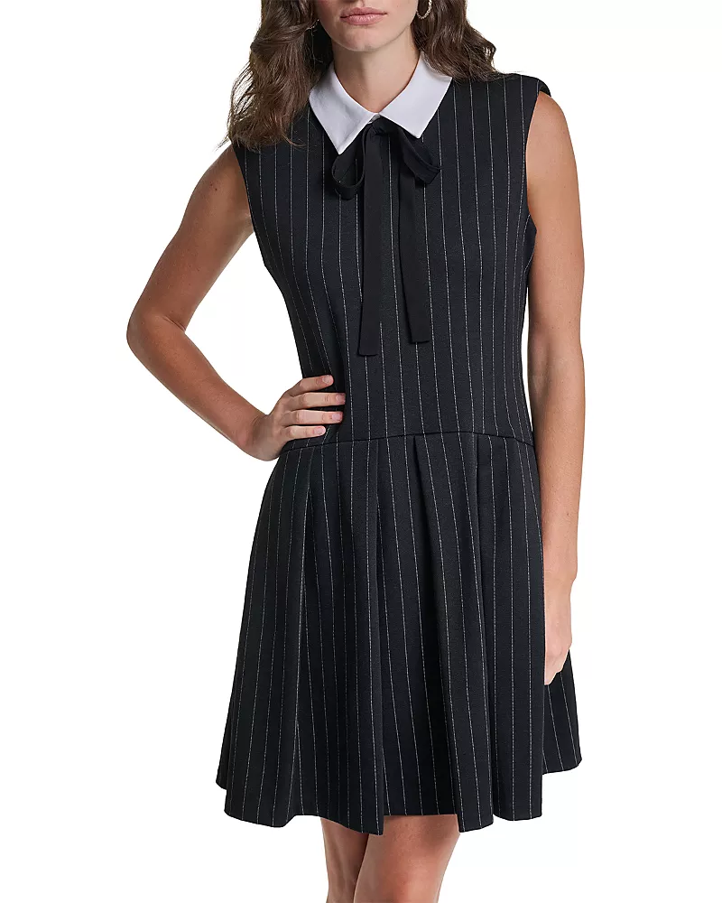 Karl Lagerfeld Paris Collared Pinstripe Drop Waist Dress
