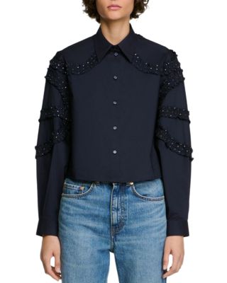 Litchi Cotton Rhinestone Trim Shirt