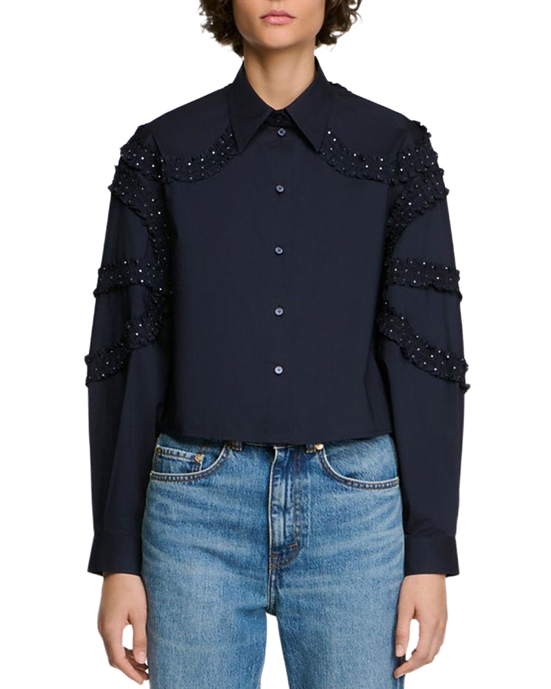 Sandro Litchi Cotton Rhinestone Trim Shirt