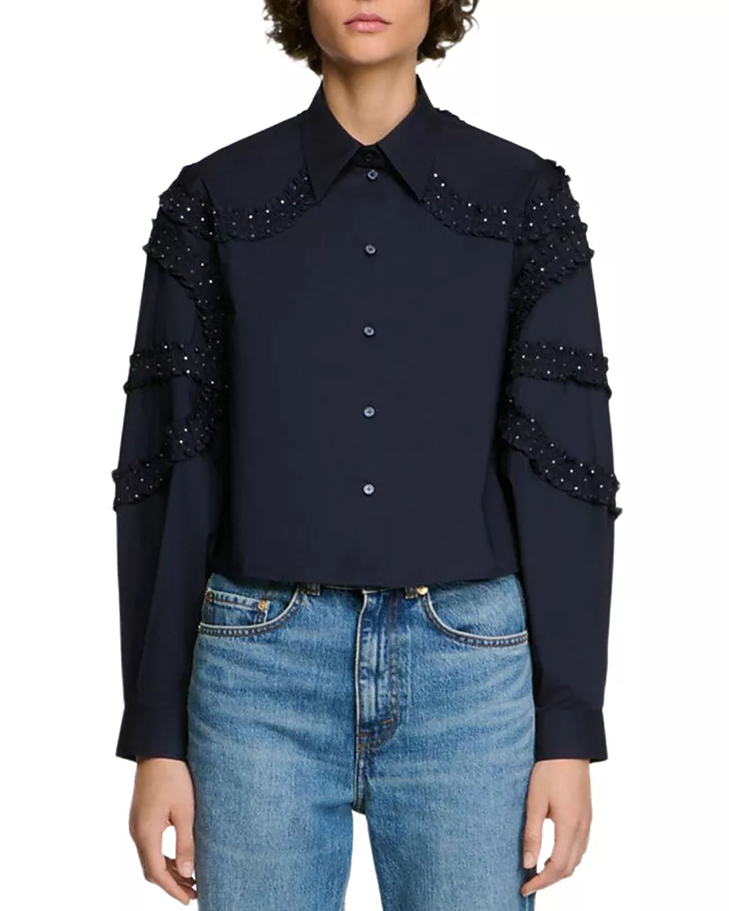 Sandro Litchi Cotton Rhinestone Trim Shirt