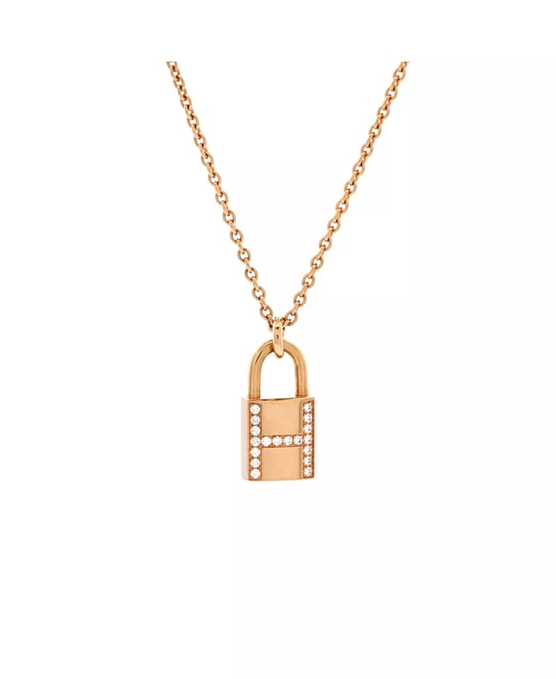 Pre-Owned HERMES Amulettes Cadenas Pendant Necklace 18K Rose Gold with Diamonds, 16
