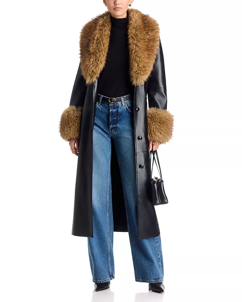 Stand Studio Estella Faux Leather Faux Fur Collar Belted Coat