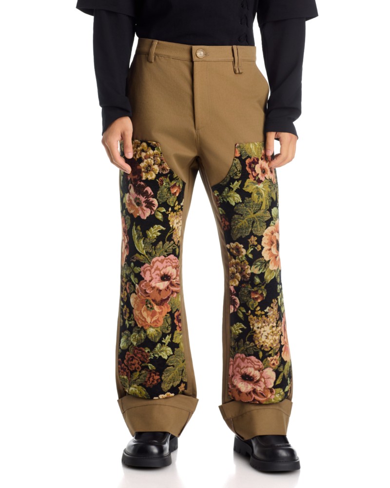 Simone Rocha Rose Patchwork Cotton Workwear Trousers in Khaki/Multi