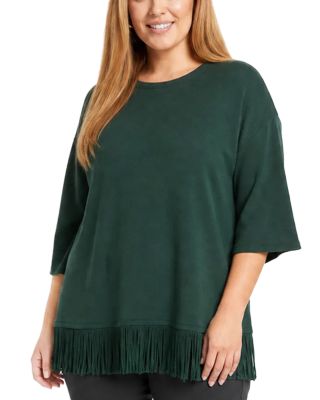Plus Size Three Quarter Sleeve Fringe Trim Boat Neck Top
