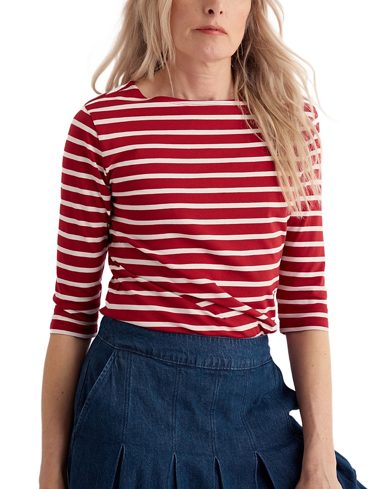 Seasalt Cornwall Sailor Boat Neck 3/4 Sleeve T-shirt In Breton Fire Glow