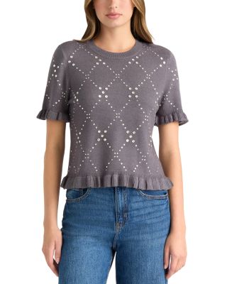 Rhinestone Crewneck Ruffle Trim Sweater