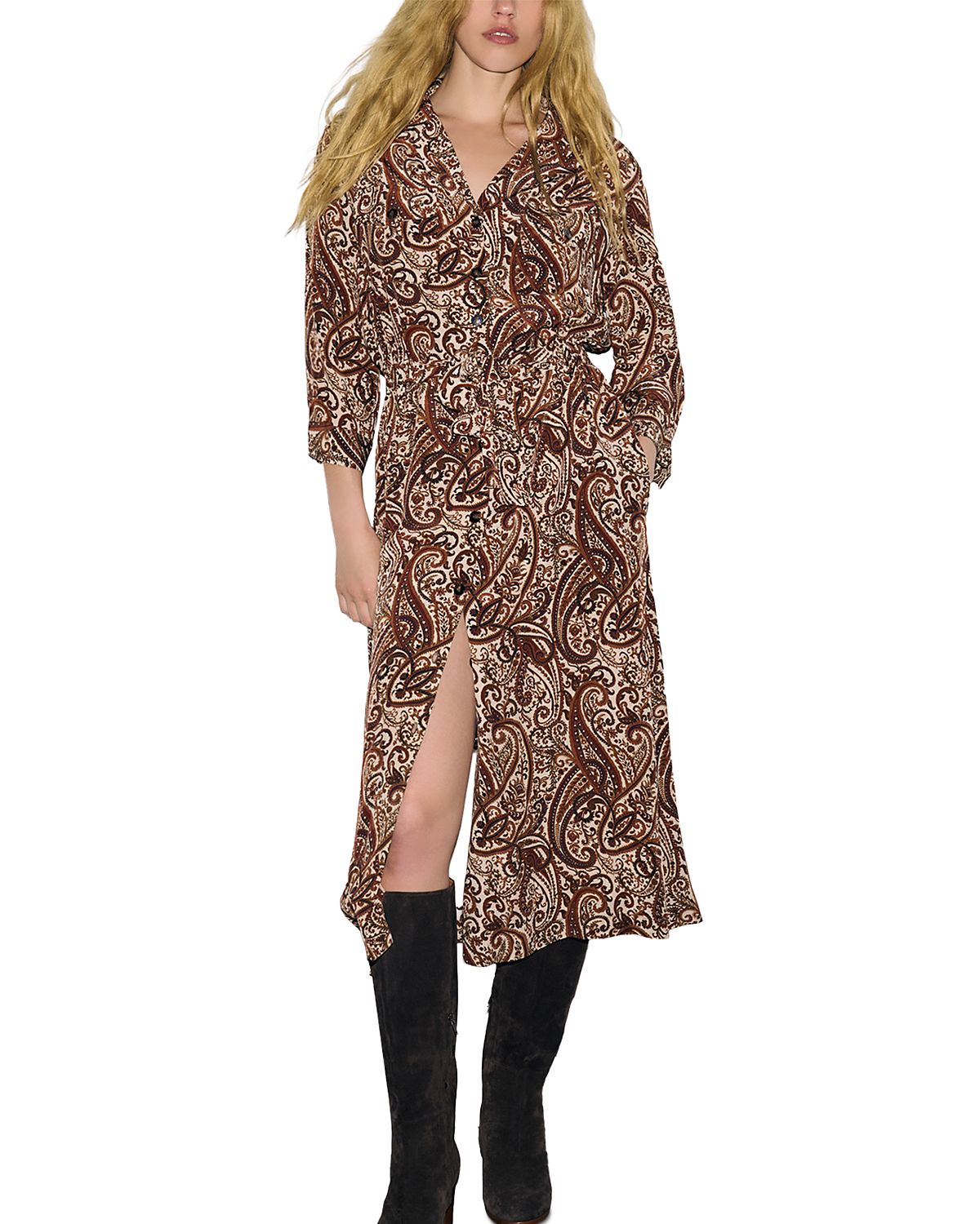 Gerard Darel Cyra V Neck Waist Tie Midi Shirt Dress