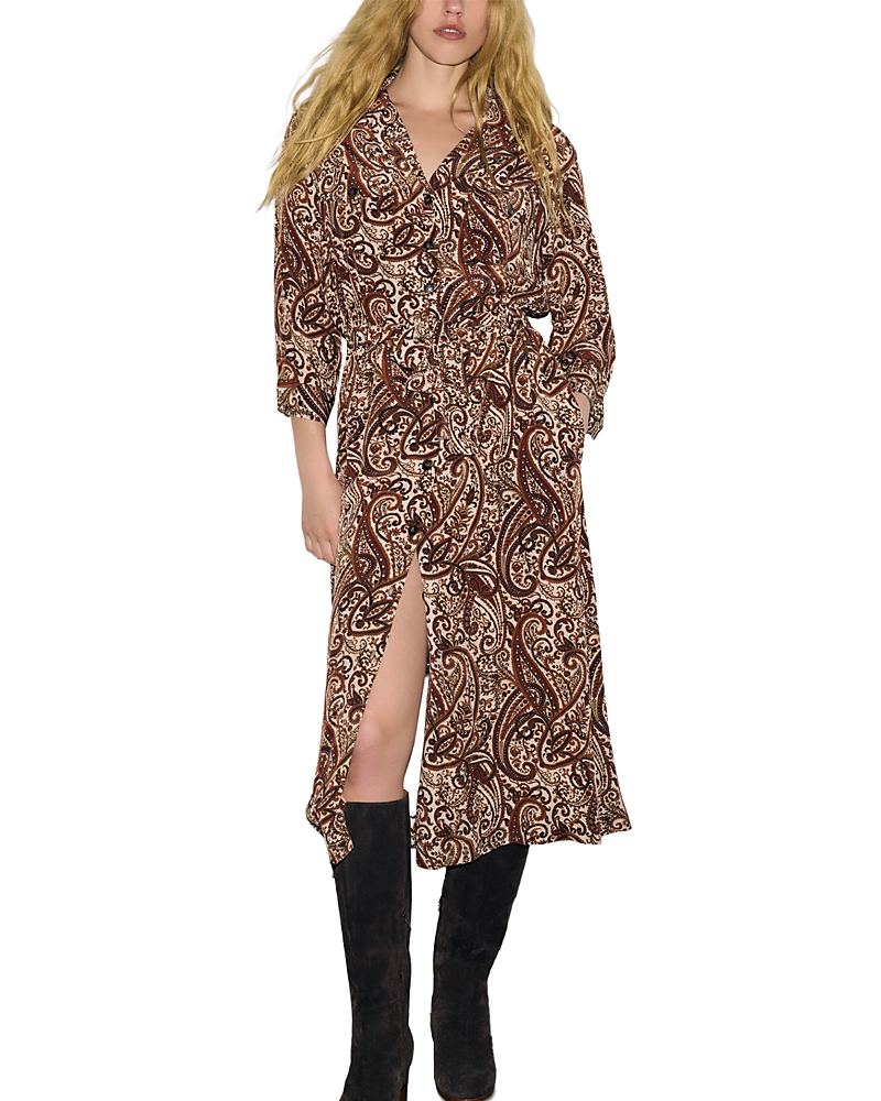 Gerard Darel Cyra V Neck Waist Tie Midi Shirt Dress