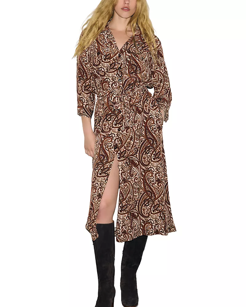 Gerard Darel Cyra V Neck Waist Tie Midi Shirt Dress