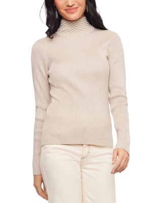 Faux Peal Embellished Turtleneck Ribbed Sweater 