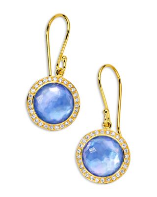 18K Yellow Gold Lollipop Quartz over Mother of Pearl over Lapis Triplet & Diamond Halo Drop Earrings