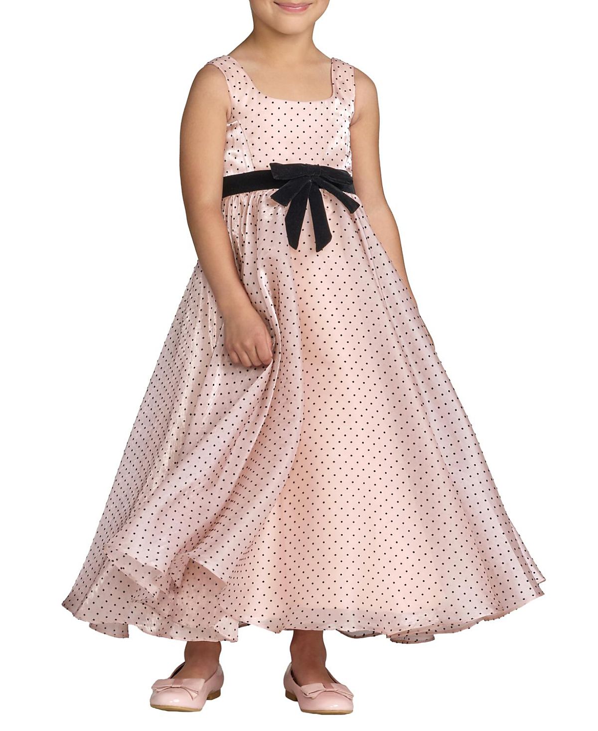 Mac Duggal Girls' Polka Dot Chiffon Maxi Dress with Bow Sash - Little Kid, Big Kid