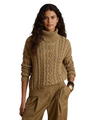 Cotton Marled Turtleneck Cable Knit Sweater