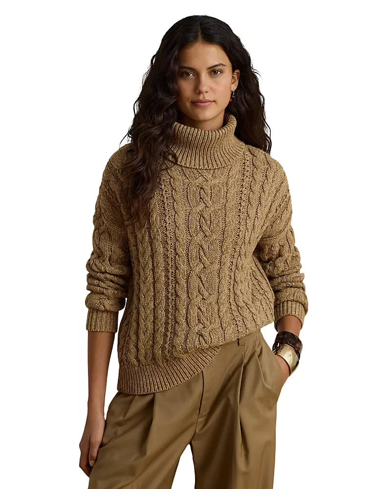 Lauren Ralph Lauren Cotton Marled Turtleneck Cable Knit Sweater