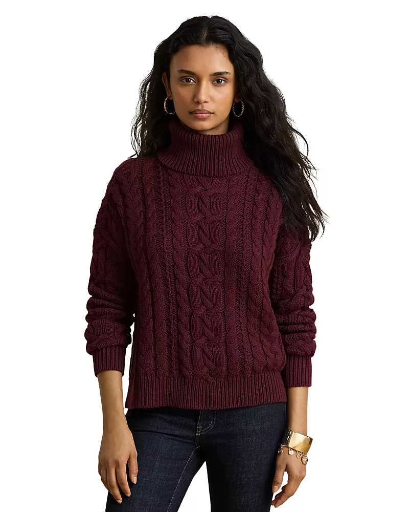 Lauren Ralph Lauren Cotton Marled Turtleneck Cable Knit Sweater