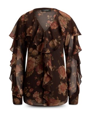 Floral V-Neck Ruffle Trim Chiffon Blouse
