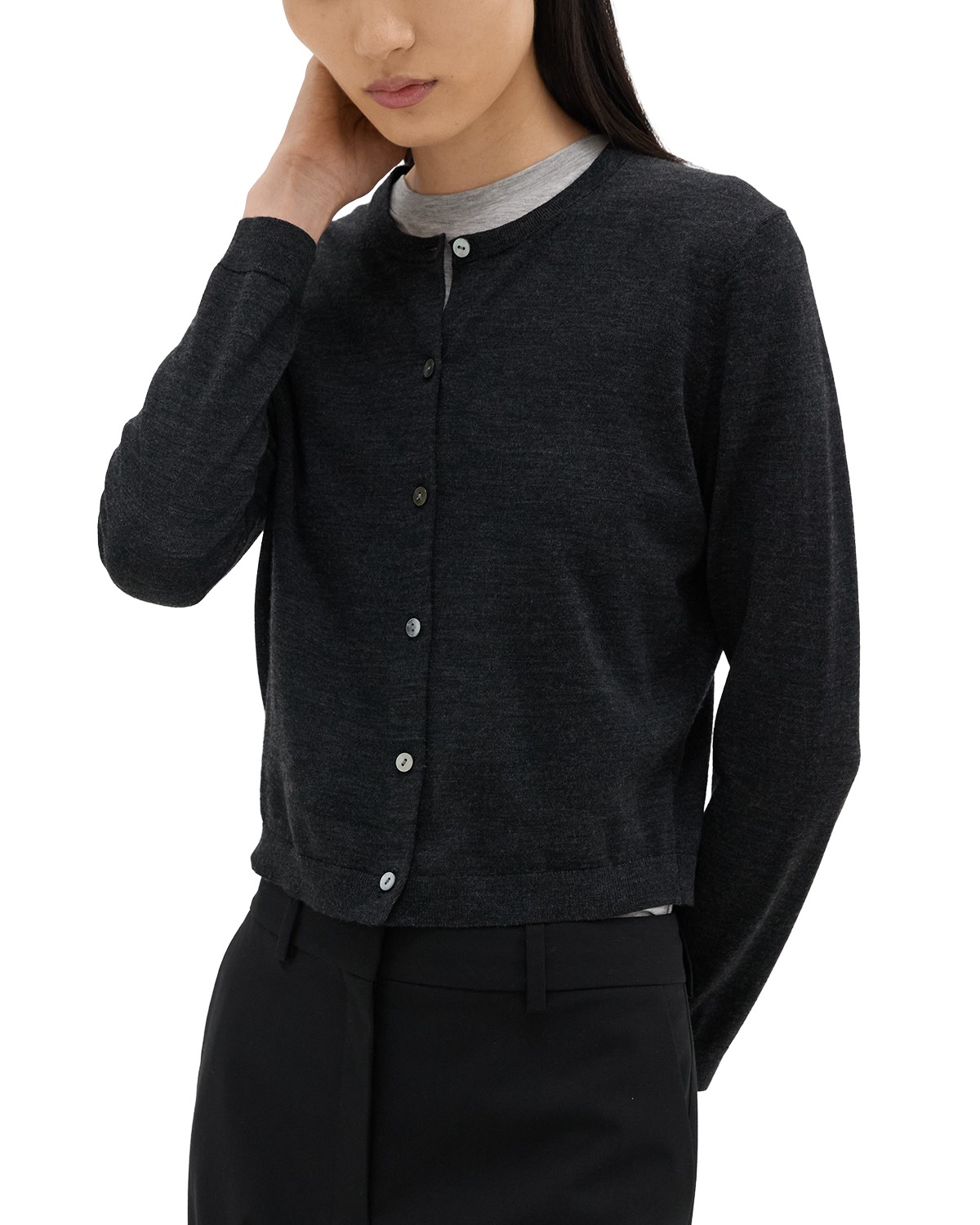 Theory Regal Wool Crewneck Cardigan Sweater in New Pestle Melange