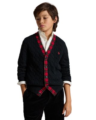 Boys' Plaid Trim Cable Cotton Cardigan - Little Kid, Big Kid