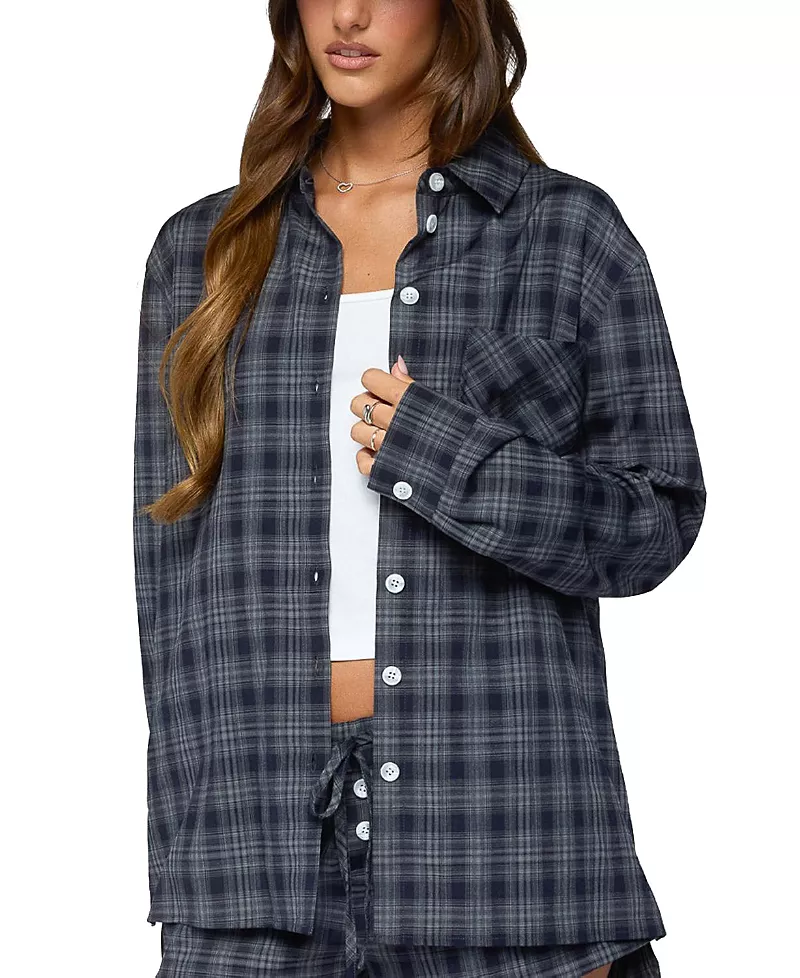 Edikted Alessa Plaid Button Up Long Sleeve Top