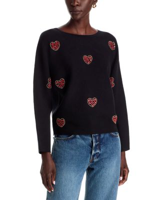 Crystal Embellished Hearts Crewneck Sweater