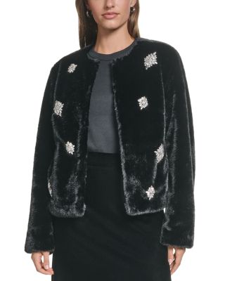 Faux Fur Collarless Embellished Jacket