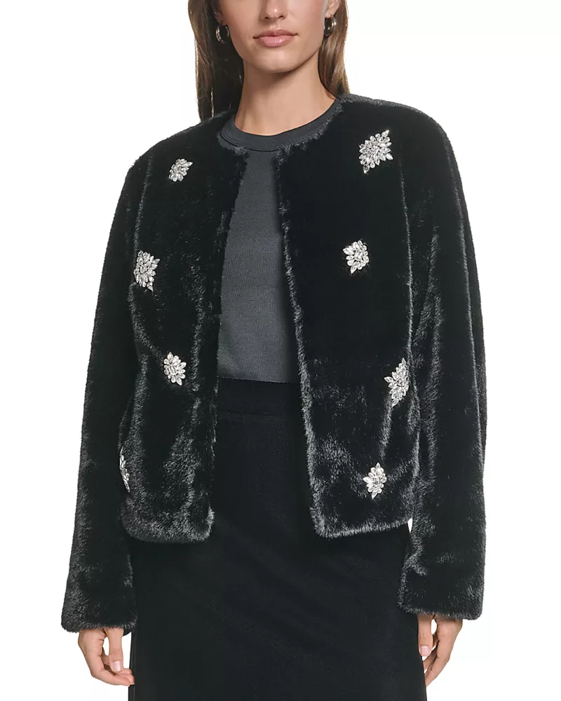 Karl Lagerfeld Paris Faux Fur Collarless Embellished Jacket