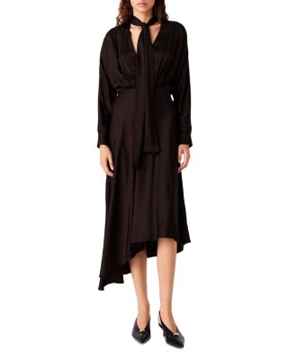 Tie Neck Asymmetric Satin Midi Dress