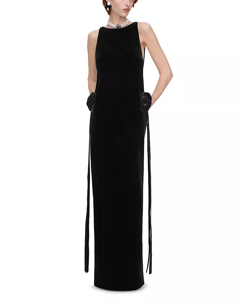 Self-Portrait Embellished Bow Trim Velvet Gown