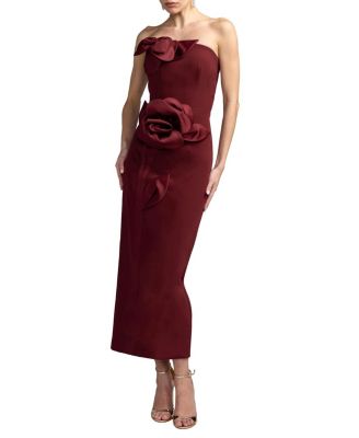  Strapless Crepe Dress With 3D Satin Flowers