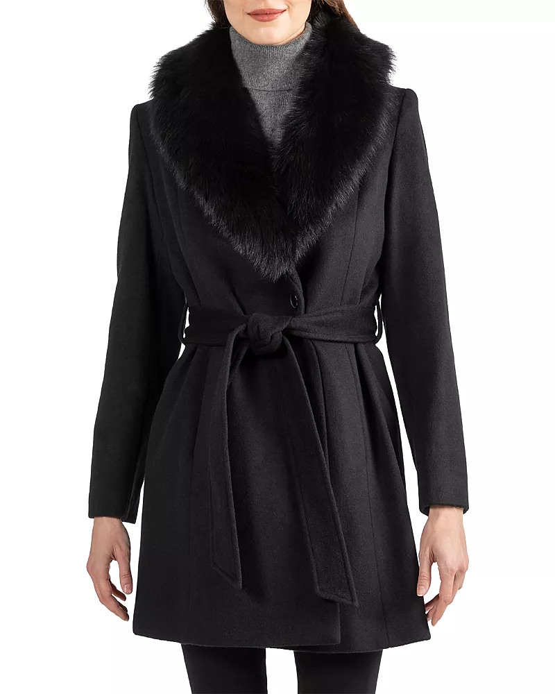 Sofia Cashmere Faux Fur Collar Wrap Coat