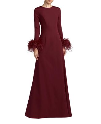 Crepe Long Sleeve A Line Gown With Feather Trim